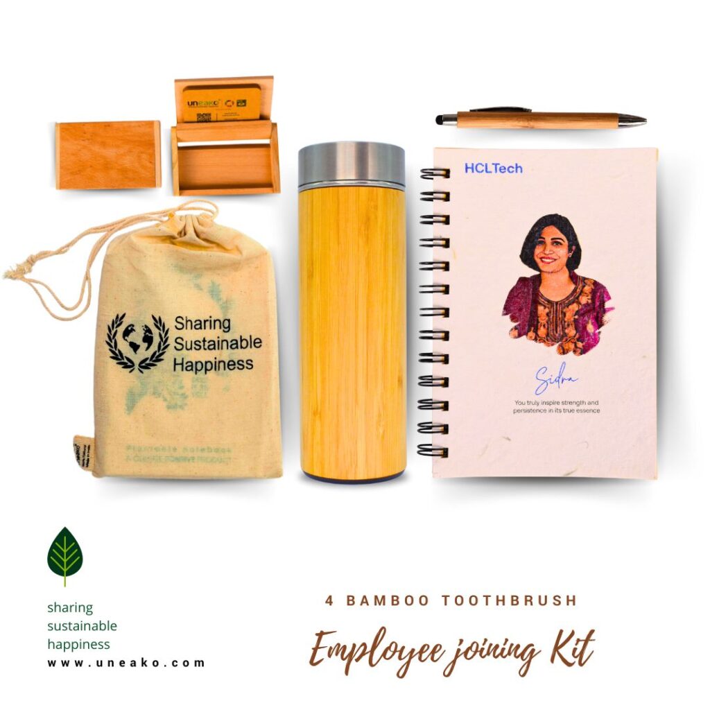 employee joining kit
uneako joining kit
sustainable products
bottel and visiting card holder notepad
also it was used for in event and conference.